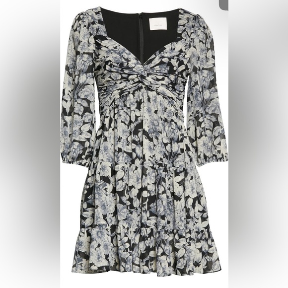 cinq a sept Dresses & Skirts - Cinq a Sept Harlie Floral Print Long Balloon Sleeve Dress Slate Blue Black Sz 8